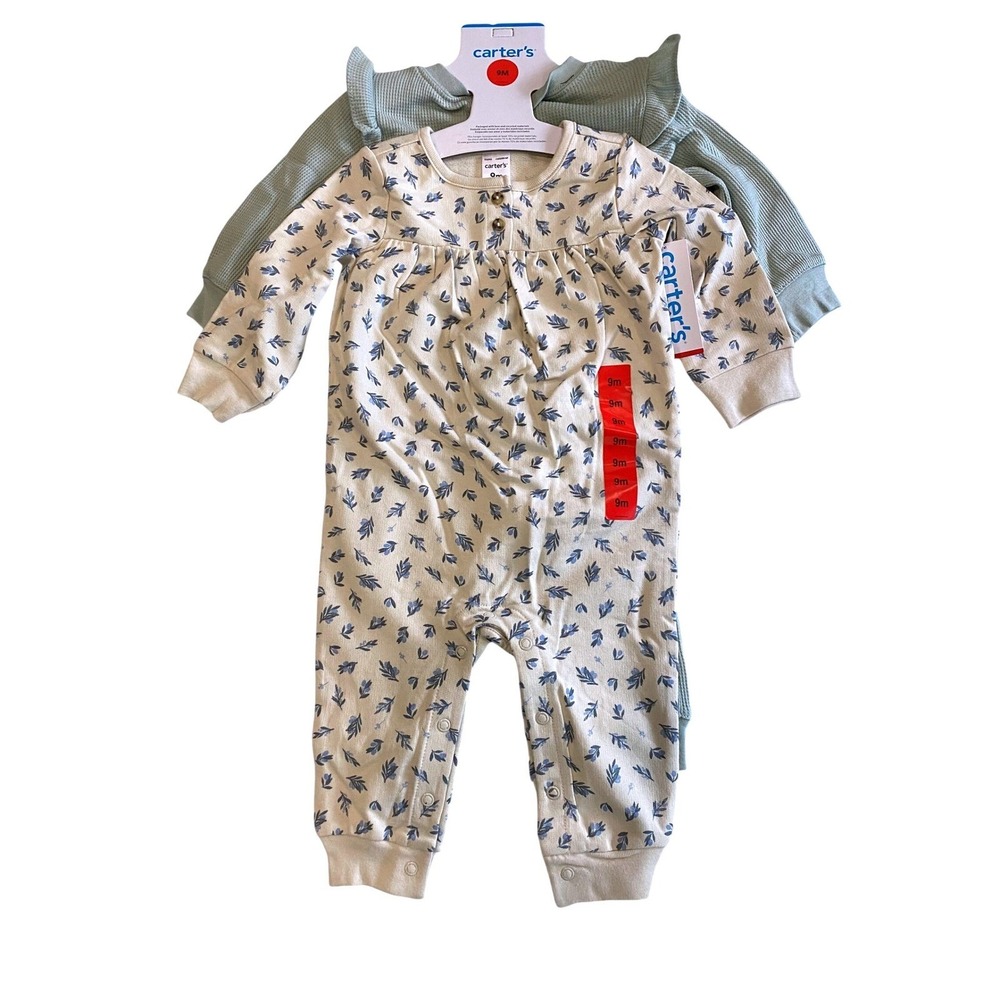 Carter's Baby Girl 9M Jumpsuit 2 Pack Floral Sage Green Waffle Knit Ruffle NWT